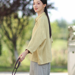 ラミーシャツ コンビカラー 中国結びボタン シャツカラー ゆったりシルエット オーガニックコットン 長袖 #黄色 7枚目の画像