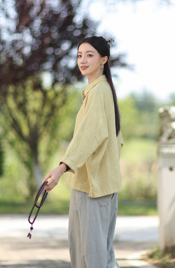 ラミーシャツ コンビカラー 中国結びボタン シャツカラー ゆったりシルエット オーガニックコットン 長袖 #黄色 7枚目の画像