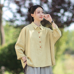 ラミーシャツ コンビカラー 中国結びボタン シャツカラー ゆったりシルエット オーガニックコットン 長袖 #黄色 4枚目の画像