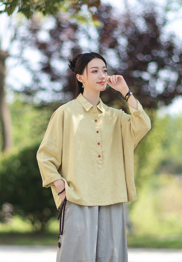 ラミーシャツ コンビカラー 中国結びボタン シャツカラー ゆったりシルエット オーガニックコットン 長袖 #黄色 4枚目の画像