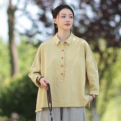 ラミーシャツ コンビカラー 中国結びボタン シャツカラー ゆったりシルエット オーガニックコットン 長袖 #黄色 6枚目の画像