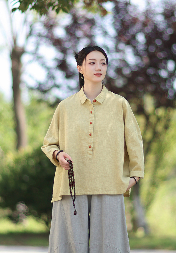 ラミーシャツ コンビカラー 中国結びボタン シャツカラー ゆったりシルエット オーガニックコットン 長袖 #黄色 6枚目の画像