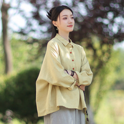 ラミーシャツ コンビカラー 中国結びボタン シャツカラー ゆったりシルエット オーガニックコットン 長袖 #黄色 3枚目の画像