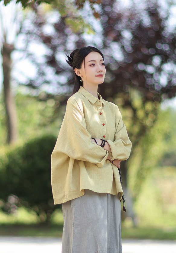 ラミーシャツ コンビカラー 中国結びボタン シャツカラー ゆったりシルエット オーガニックコットン 長袖 #黄色 3枚目の画像