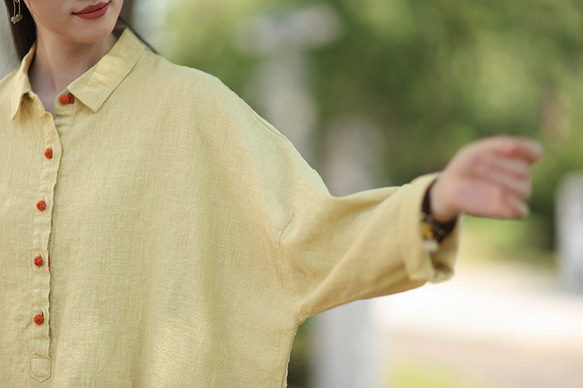 ラミーシャツ コンビカラー 中国結びボタン シャツカラー ゆったりシルエット オーガニックコットン 長袖 #黄色 8枚目の画像