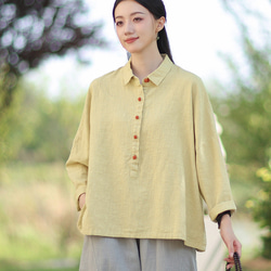 ラミーシャツ コンビカラー 中国結びボタン シャツカラー ゆったりシルエット オーガニックコットン 長袖 #黄色 2枚目の画像