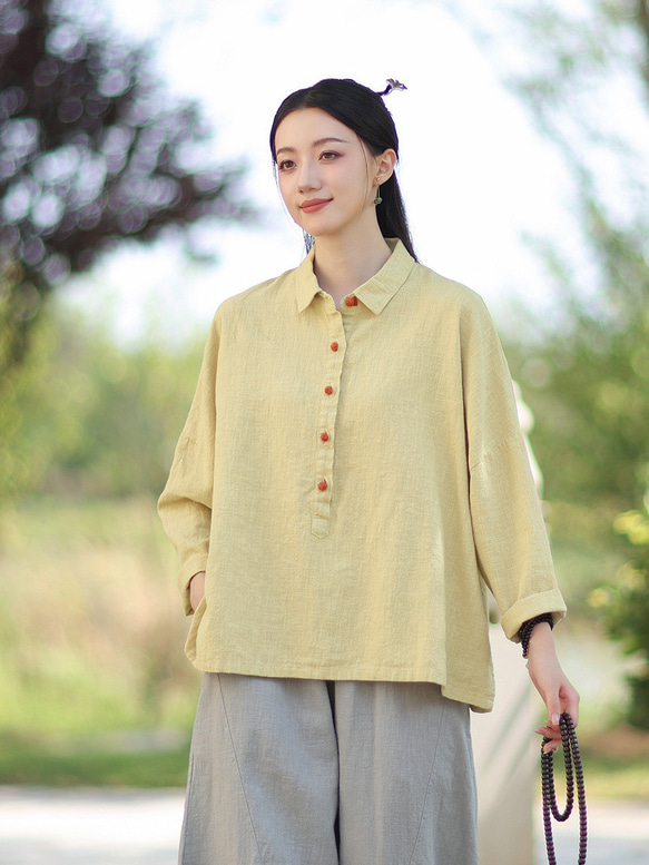 ラミーシャツ コンビカラー 中国結びボタン シャツカラー ゆったりシルエット オーガニックコットン 長袖 #黄色 2枚目の画像