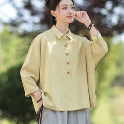 ラミーシャツ コンビカラー 中国結びボタン シャツカラー ゆったりシルエット オーガニックコットン 長袖 #黄色 1枚目の画像