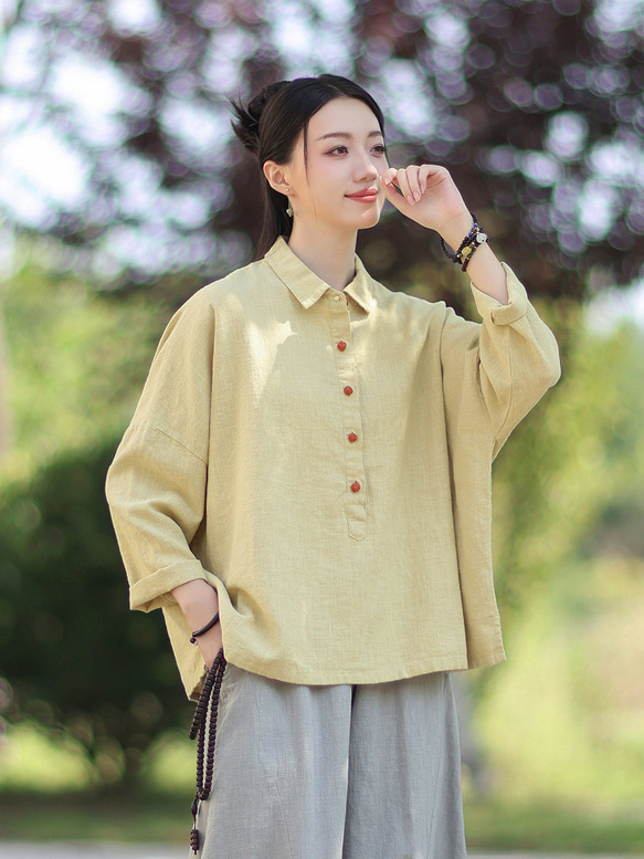 ラミーシャツ コンビカラー 中国結びボタン シャツカラー ゆったりシルエット オーガニックコットン 長袖 #黄色 1枚目の画像