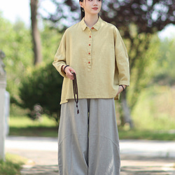 ラミーシャツ コンビカラー 中国結びボタン シャツカラー ゆったりシルエット オーガニックコットン 長袖 #黄色 10枚目の画像