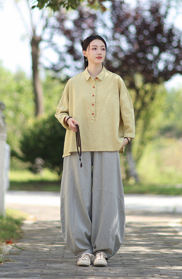 ラミーシャツ コンビカラー 中国結びボタン シャツカラー ゆったりシルエット オーガニックコットン 長袖 #黄色 10枚目の画像