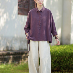 ラミーシャツ コンビカラー 中国結びボタン シャツカラー ゆったりシルエット オーガニックコットン 長袖 #紫色 11枚目の画像