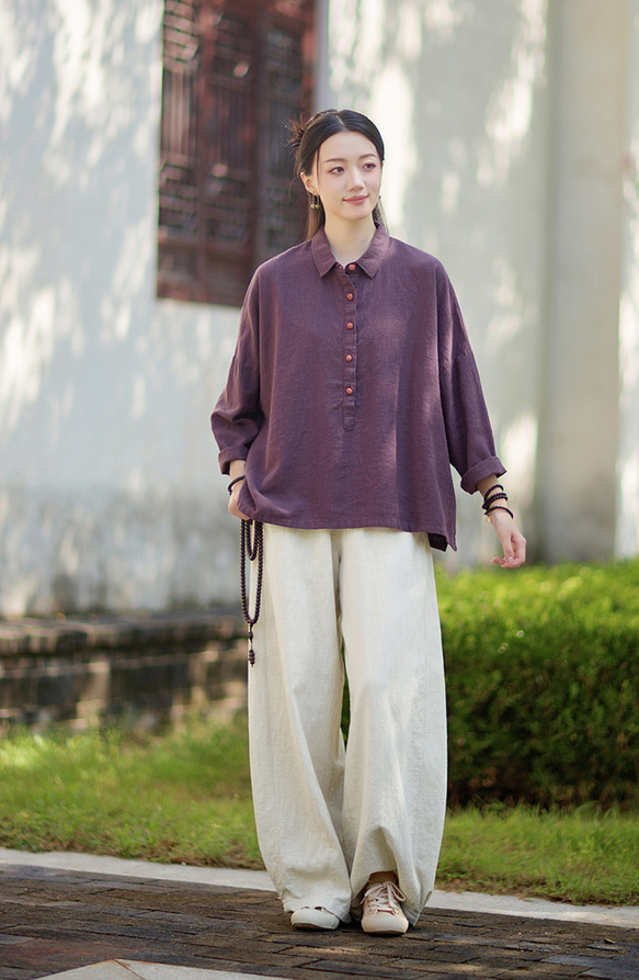 ラミーシャツ コンビカラー 中国結びボタン シャツカラー ゆったりシルエット オーガニックコットン 長袖 #紫色 11枚目の画像