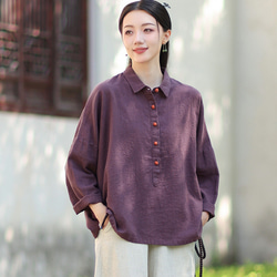 ラミーシャツ コンビカラー 中国結びボタン シャツカラー ゆったりシルエット オーガニックコットン 長袖 #紫色 5枚目の画像