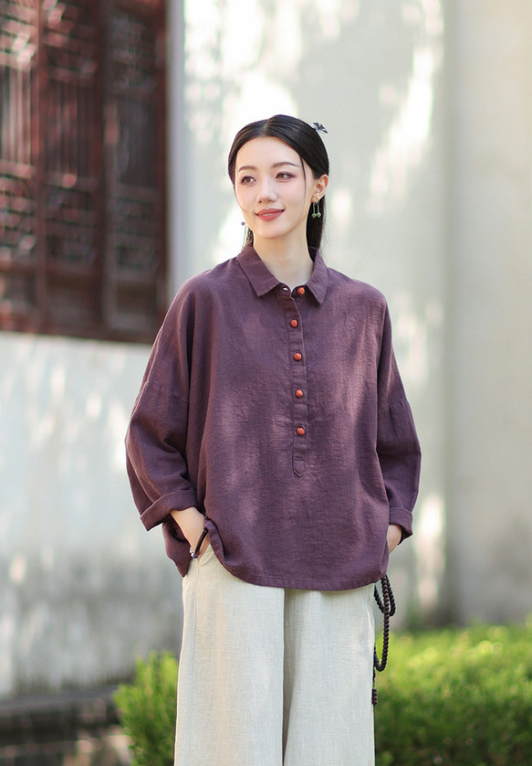 ラミーシャツ コンビカラー 中国結びボタン シャツカラー ゆったりシルエット オーガニックコットン 長袖 #紫色 5枚目の画像