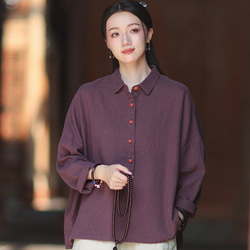 ラミーシャツ コンビカラー 中国結びボタン シャツカラー ゆったりシルエット オーガニックコットン 長袖 #紫色 3枚目の画像