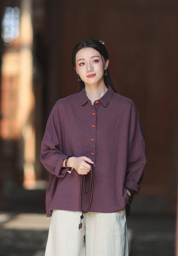 ラミーシャツ コンビカラー 中国結びボタン シャツカラー ゆったりシルエット オーガニックコットン 長袖 #紫色 3枚目の画像