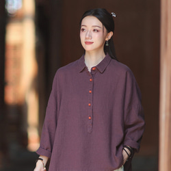 ラミーシャツ コンビカラー 中国結びボタン シャツカラー ゆったりシルエット オーガニックコットン 長袖 #紫色 4枚目の画像