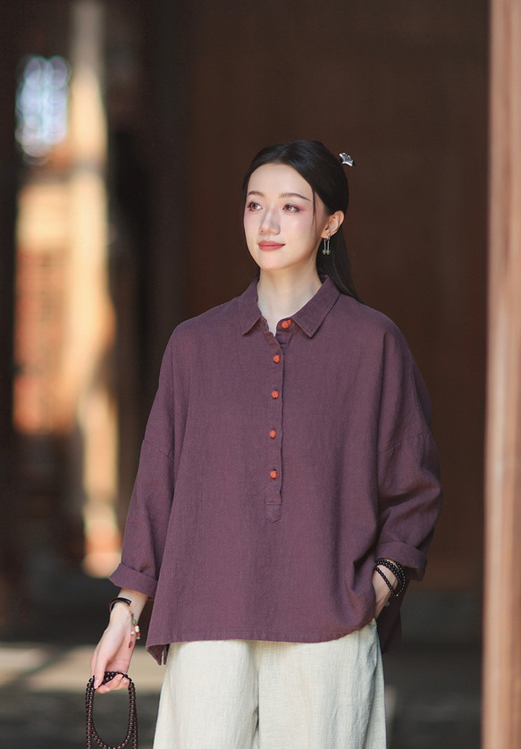 ラミーシャツ コンビカラー 中国結びボタン シャツカラー ゆったりシルエット オーガニックコットン 長袖 #紫色 4枚目の画像
