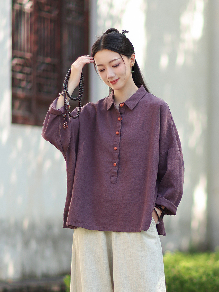 ラミーシャツ コンビカラー 中国結びボタン シャツカラー ゆったりシルエット オーガニックコットン 長袖 #紫色