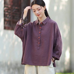 ラミーシャツ コンビカラー 中国結びボタン シャツカラー ゆったりシルエット オーガニックコットン 長袖 #紫色 1枚目の画像