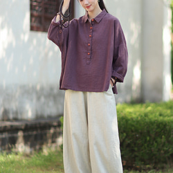 ラミーシャツ コンビカラー 中国結びボタン シャツカラー ゆったりシルエット オーガニックコットン 長袖 #紫色 12枚目の画像