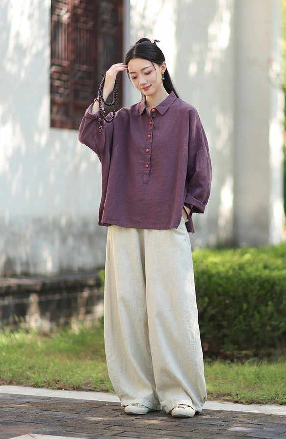ラミーシャツ コンビカラー 中国結びボタン シャツカラー ゆったりシルエット オーガニックコットン 長袖 #紫色 12枚目の画像