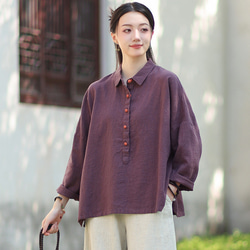 ラミーシャツ コンビカラー 中国結びボタン シャツカラー ゆったりシルエット オーガニックコットン 長袖 #紫色 8枚目の画像