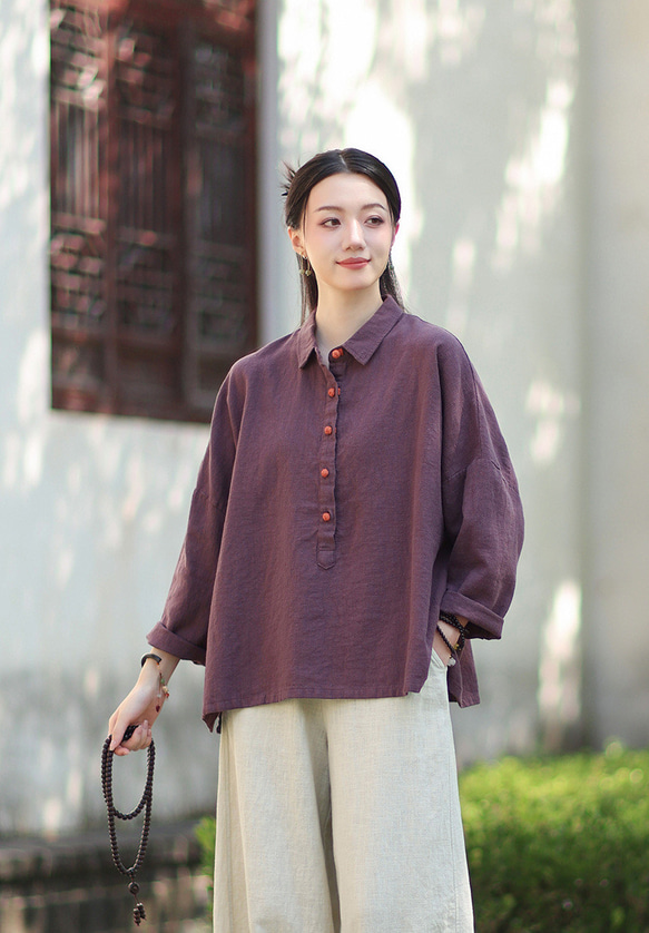 ラミーシャツ コンビカラー 中国結びボタン シャツカラー ゆったりシルエット オーガニックコットン 長袖 #紫色 8枚目の画像