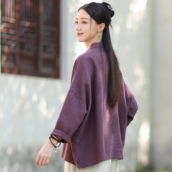 ラミーシャツ コンビカラー 中国結びボタン シャツカラー ゆったりシルエット オーガニックコットン 長袖 #紫色 6枚目の画像