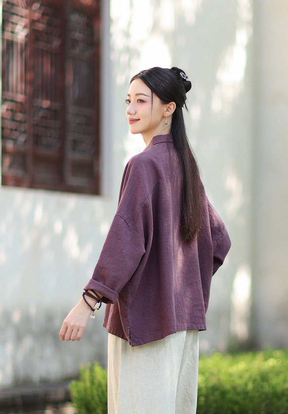 ラミーシャツ コンビカラー 中国結びボタン シャツカラー ゆったりシルエット オーガニックコットン 長袖 #紫色 6枚目の画像