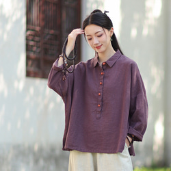 ラミーシャツ コンビカラー 中国結びボタン シャツカラー ゆったりシルエット オーガニックコットン 長袖 #紫色 7枚目の画像