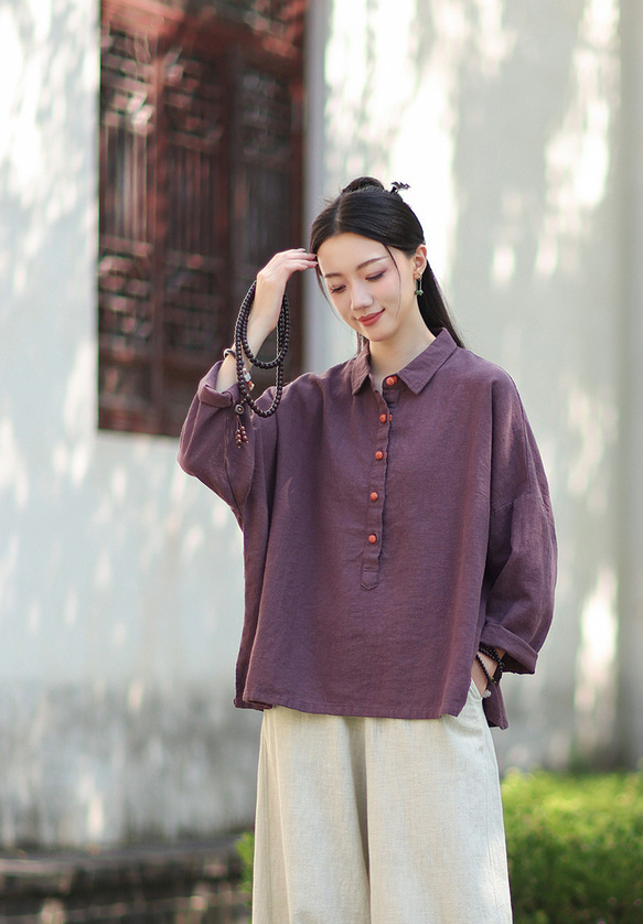ラミーシャツ コンビカラー 中国結びボタン シャツカラー ゆったりシルエット オーガニックコットン 長袖 #紫色 7枚目の画像