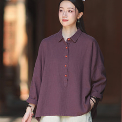 ラミーシャツ コンビカラー 中国結びボタン シャツカラー ゆったりシルエット オーガニックコットン 長袖 #紫色 2枚目の画像