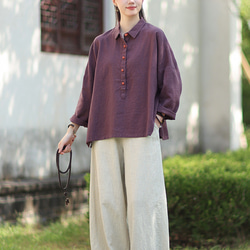 ラミーシャツ コンビカラー 中国結びボタン シャツカラー ゆったりシルエット オーガニックコットン 長袖 #紫色 13枚目の画像