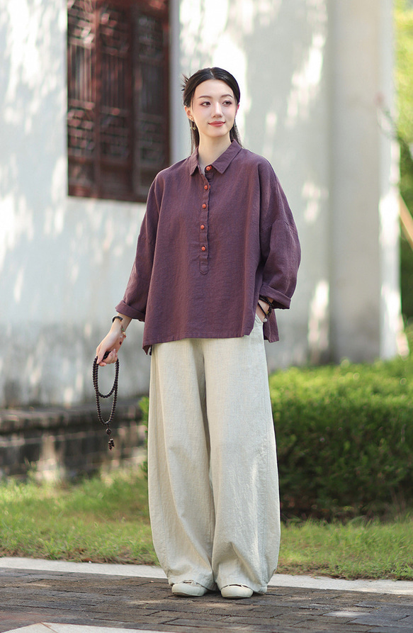 ラミーシャツ コンビカラー 中国結びボタン シャツカラー ゆったりシルエット オーガニックコットン 長袖 #紫色 13枚目の画像