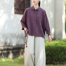 ラミーシャツ コンビカラー 中国結びボタン シャツカラー ゆったりシルエット オーガニックコットン 長袖 #紫色 10枚目の画像