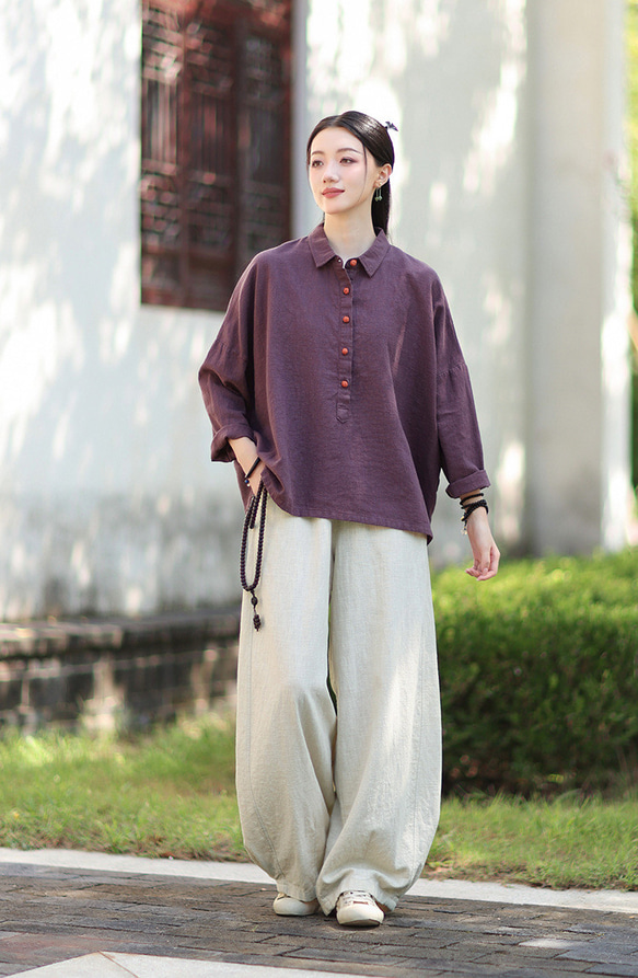 ラミーシャツ コンビカラー 中国結びボタン シャツカラー ゆったりシルエット オーガニックコットン 長袖 #紫色 10枚目の画像