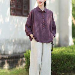 ラミーシャツ コンビカラー 中国結びボタン シャツカラー ゆったりシルエット オーガニックコットン 長袖 #紫色 9枚目の画像