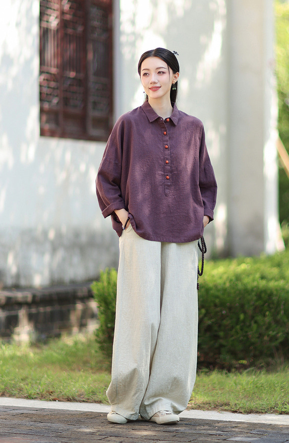 ラミーシャツ コンビカラー 中国結びボタン シャツカラー ゆったりシルエット オーガニックコットン 長袖 #紫色 9枚目の画像