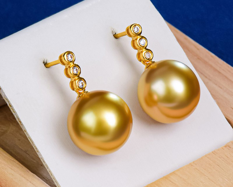ルミナ 18K ゴールド スタッドピアス 9-12mm 天然南洋ゴールドパールピアス オリジナルカラー 未加工高光沢パール エレ