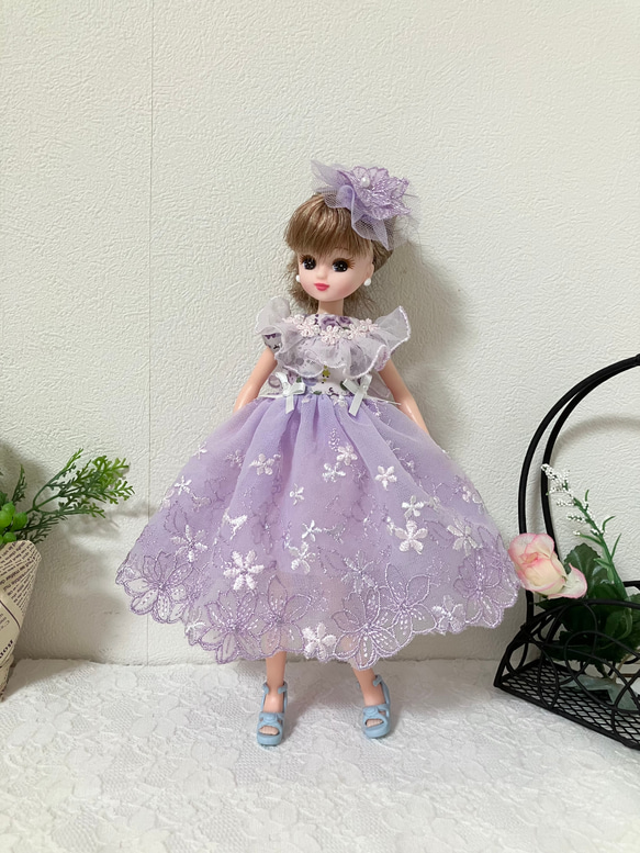 リカちゃん服　ライトパープルピンクのワンピース 1枚目の画像