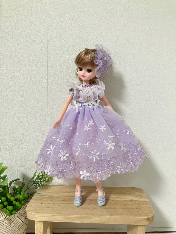 リカちゃん服　ライトパープルピンクのワンピース 2枚目の画像
