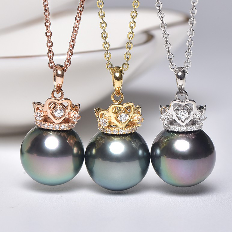 ルミナ 10-12mm 天然タヒチ黒蝶真珠ペンダント 18Kゴールドネックレス クラウン ピーコックグリーン 鎖骨チェーン 高光