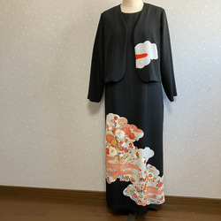 専用No.163ロングワンピースL〜LL黒留袖ドレス着物リメイク袖口フレアー 着物リメイク フレア ワンピース 黒留袖 ドレス ロング 枝梅文