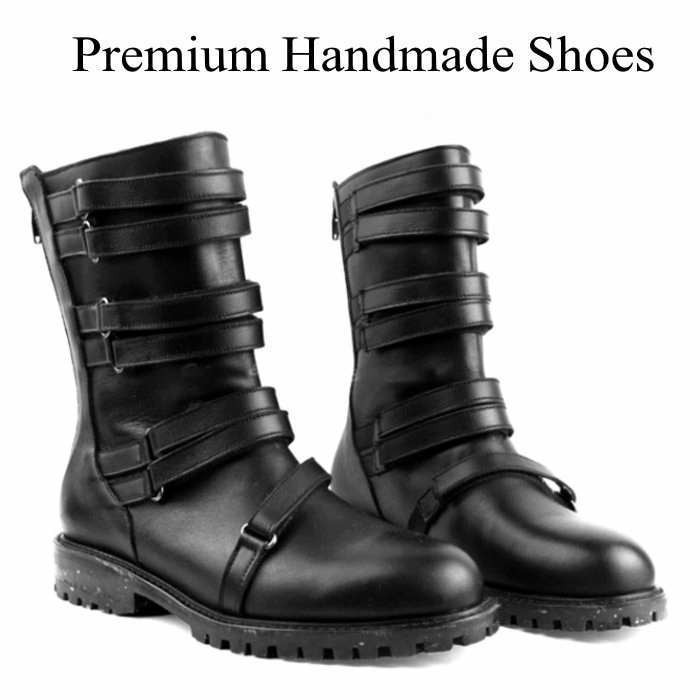 レザーブーツ 多重ベルトデザインレザーブーツ ハンドメイド ブーツ  レザーブーツ 本革ブーツ メン