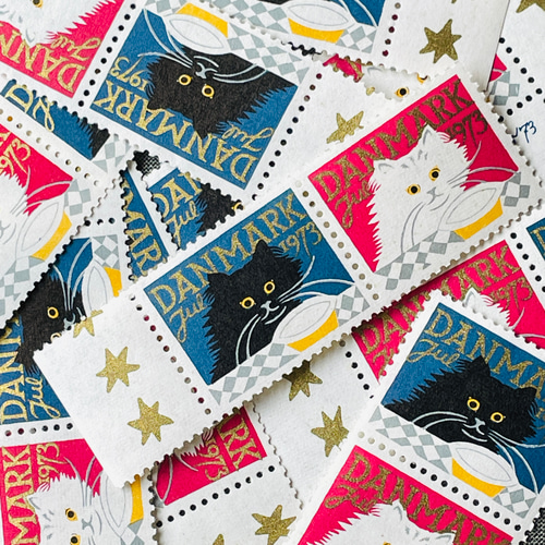 クリスマスシール2種セット(黒ネコ・白ネコ）デンマーク1973年｜未使用