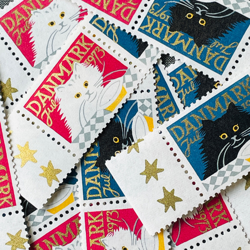 クリスマスシール2種セット(黒ネコ・白ネコ）デンマーク1973年｜未使用