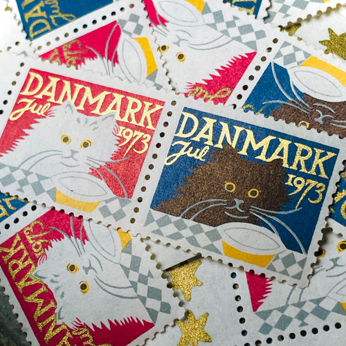 クリスマスシール2種セット(黒ネコ・白ネコ）デンマーク1973年｜未使用