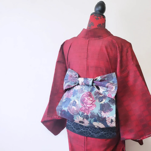 7MNA964 赤 名古屋帯 シンプル 和装 着物 楽天市場】木綿名古屋帯「オレンジレッド×グレー マーガレット」長尺も